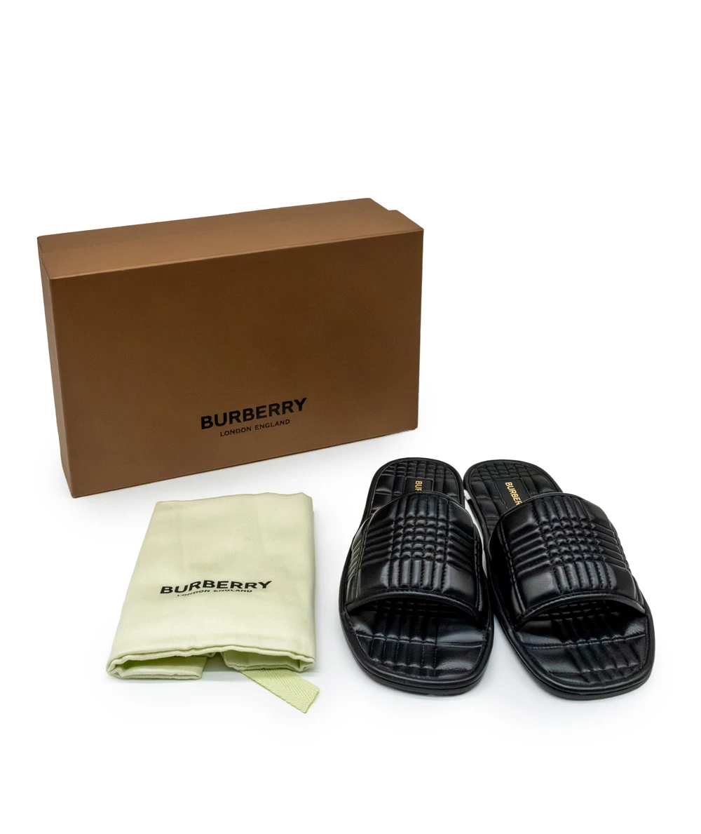 Burberry Size 38 Black Quilted Leather Alixa Flat Slides