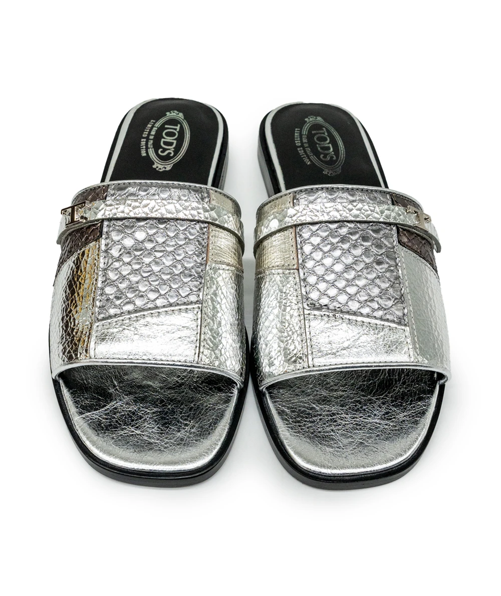 Tods Size 36 Silver Leather and Black Limited Edition Slides