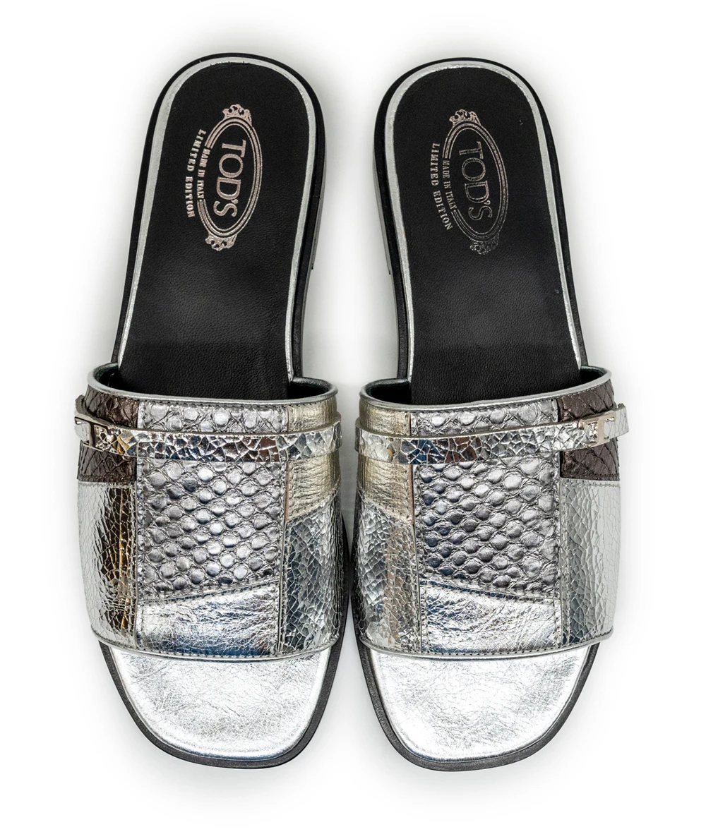 Tods Size 36 Silver Leather and Black Limited Edition Slides