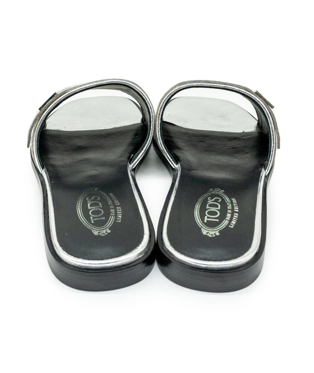 Tods Size 36 Silver Leather and Black Limited Edition Slides