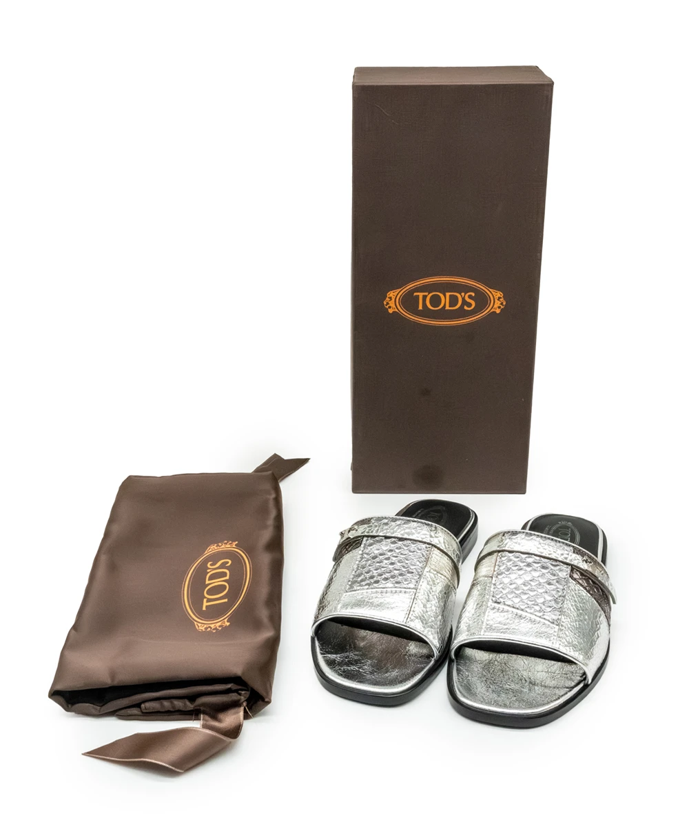 Tods Size 36 Silver Leather and Black Limited Edition Slides