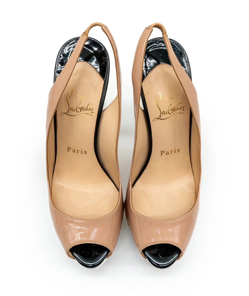 Christian Louboutin Size 36 Beige Patent Leather Lady Peep Toe Platform Slingback Pumps