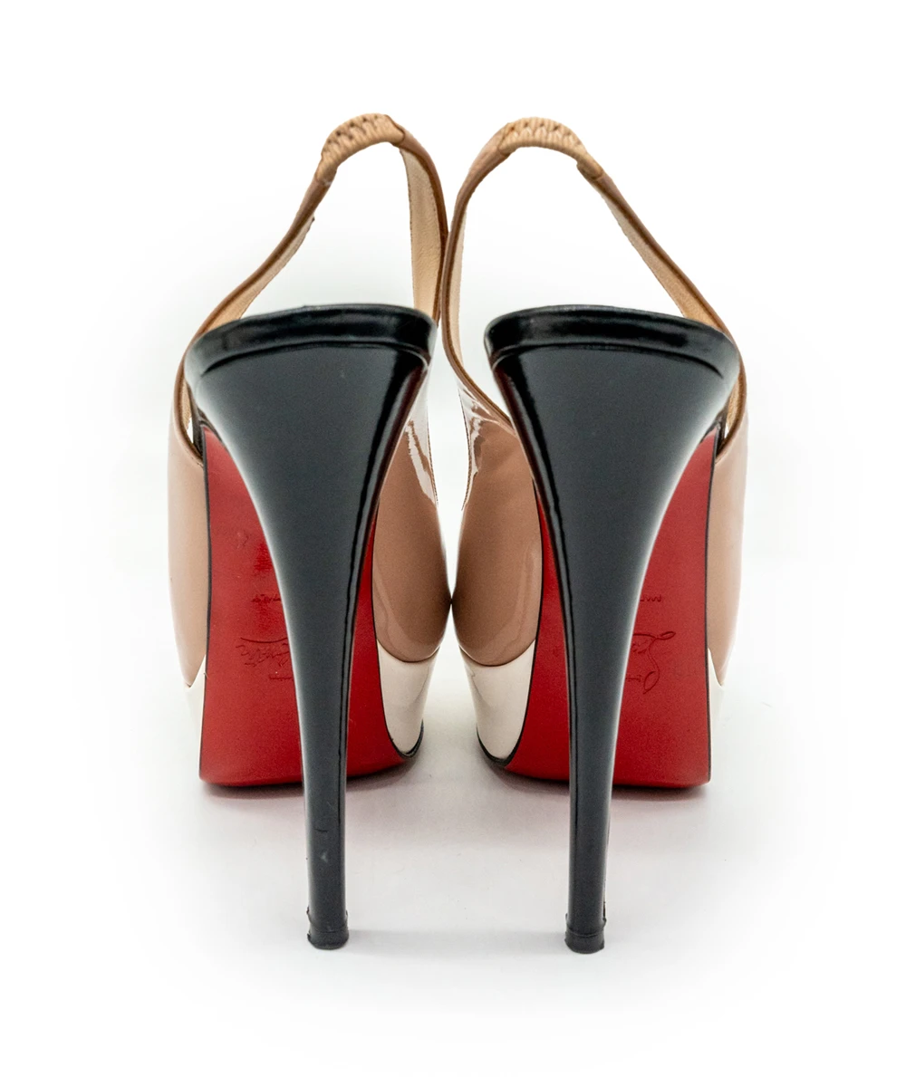 Christian Louboutin Size 36 Beige Patent Leather Lady Peep Toe Platform Slingback Pumps