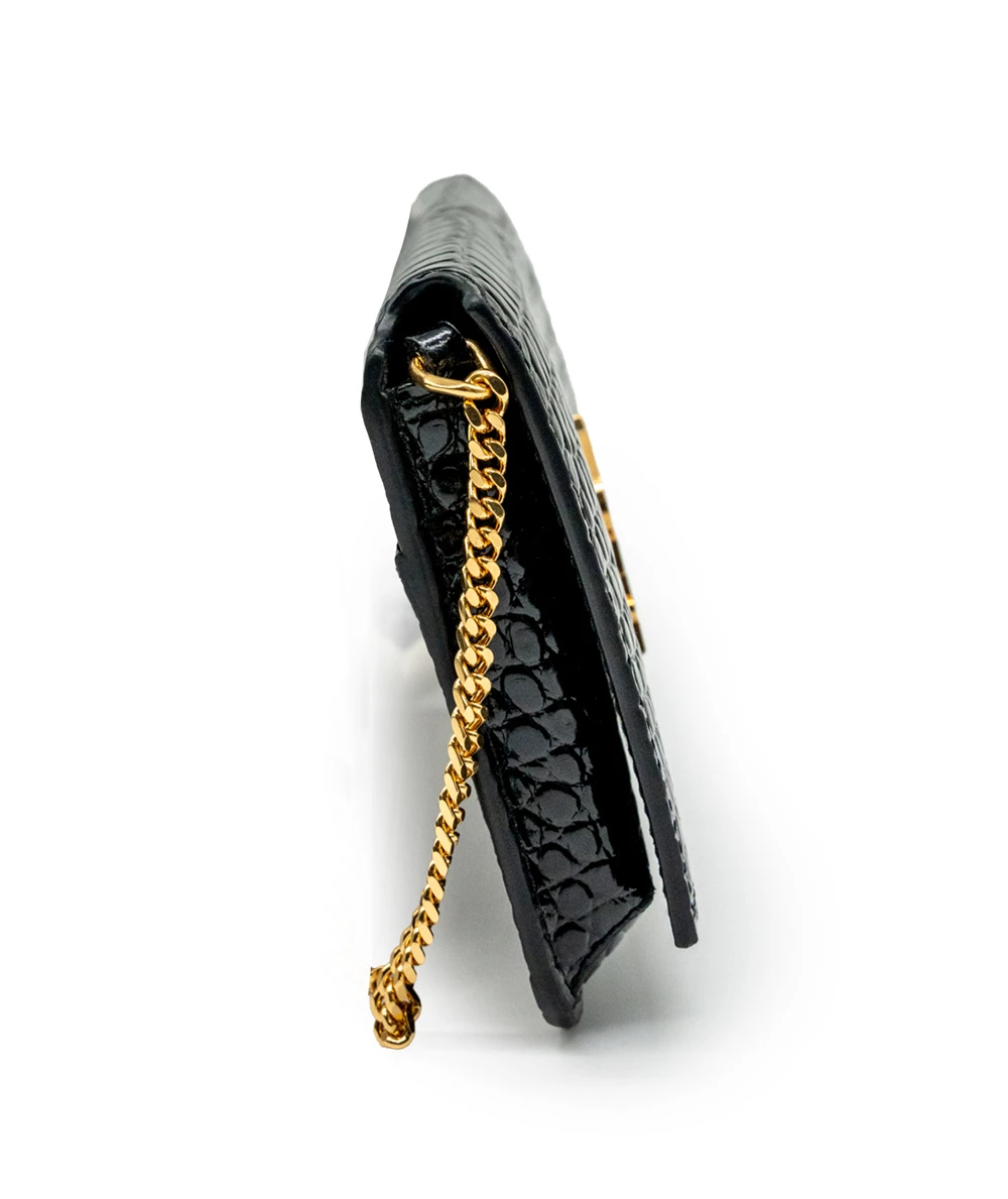 Saint Laurent Cassandre Phone Holder in Shiny Crocodile Embossed Leather