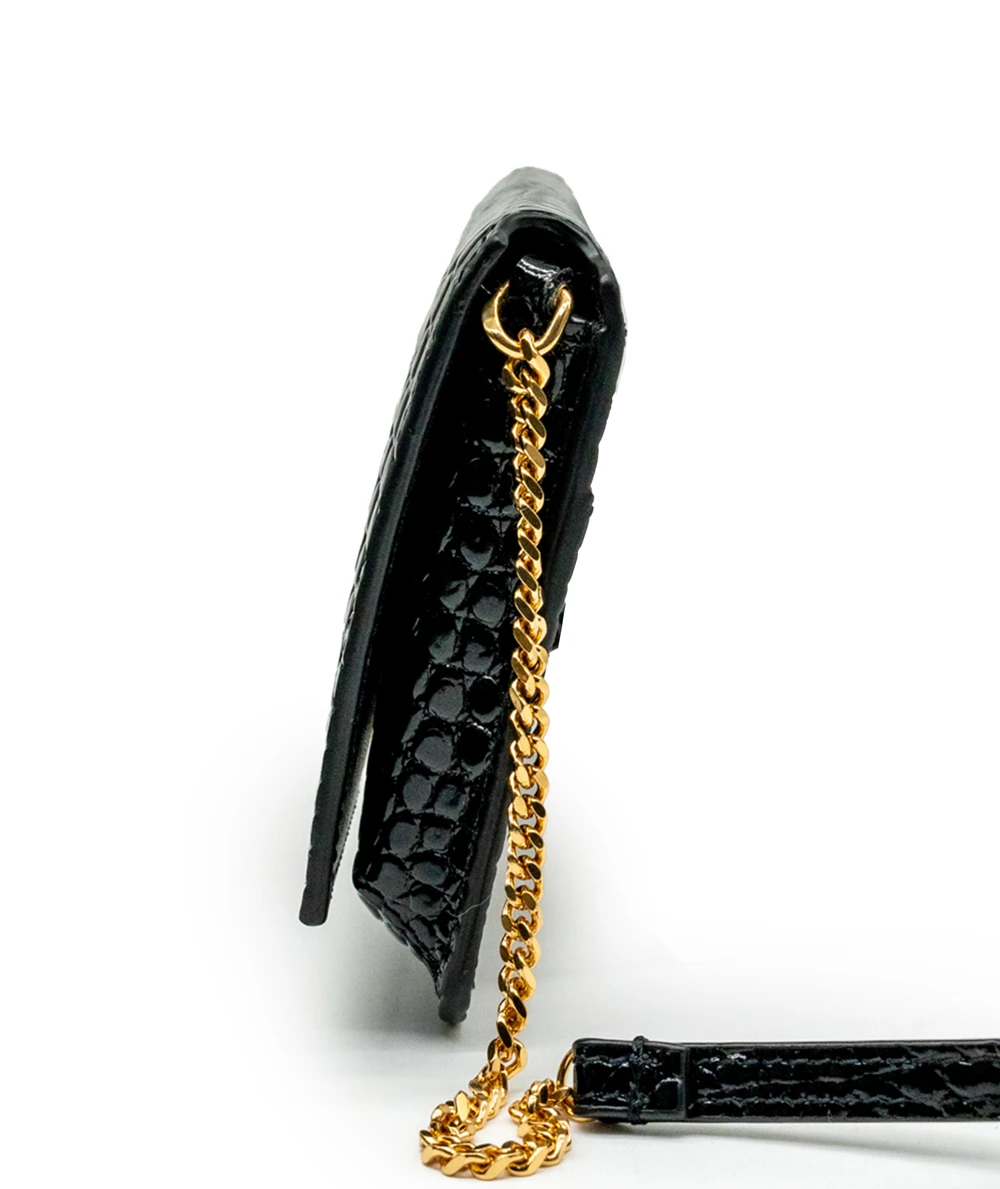 Saint Laurent Cassandre Phone Holder in Shiny Crocodile Embossed Leather
