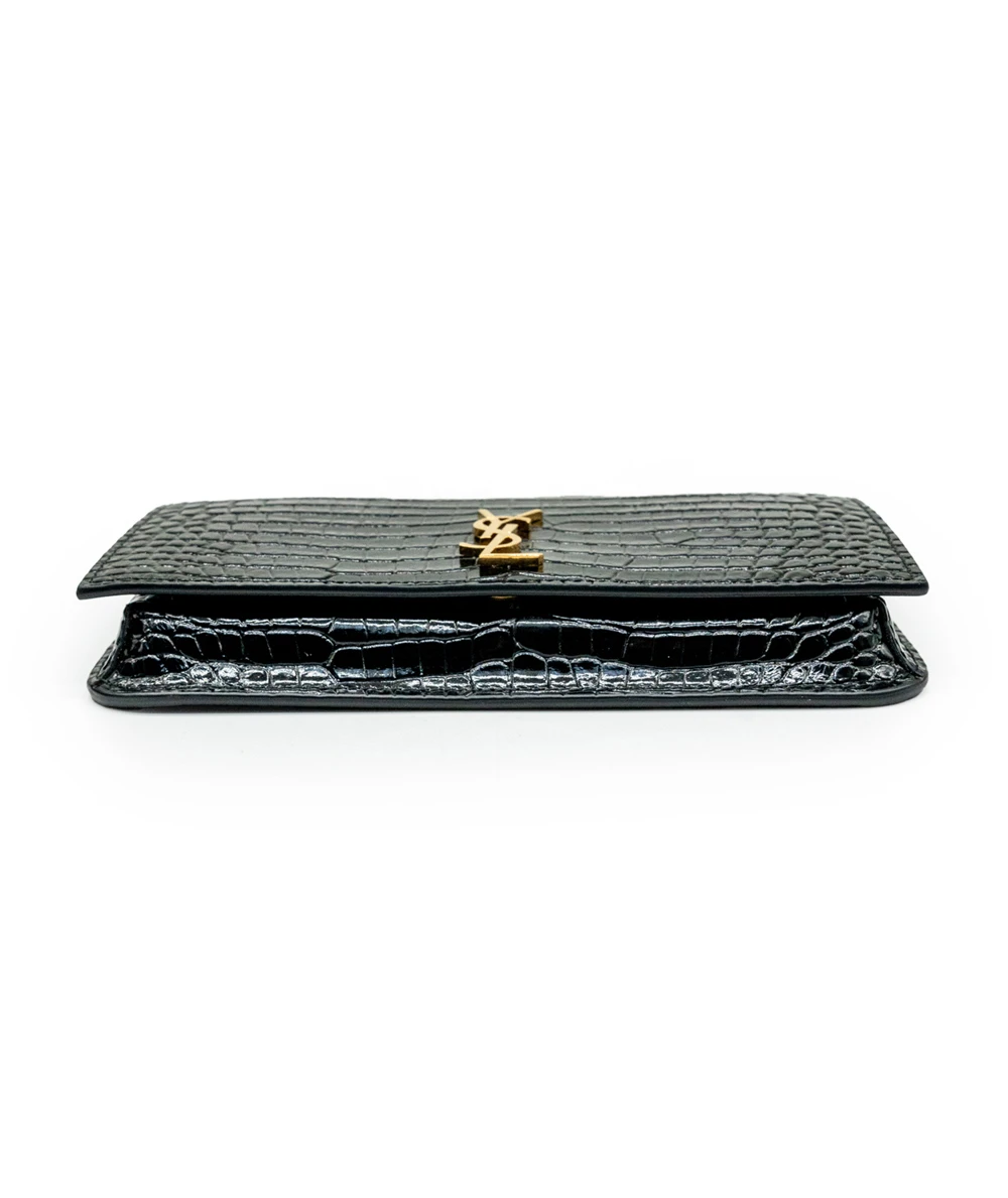 Saint Laurent Cassandre Phone Holder in Shiny Crocodile Embossed Leather
