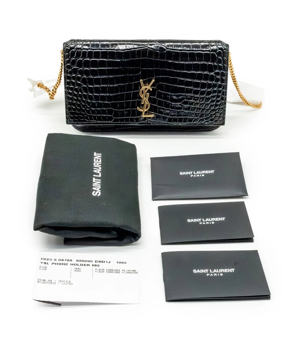 Saint Laurent Cassandre Phone Holder in Shiny Crocodile Embossed Leather