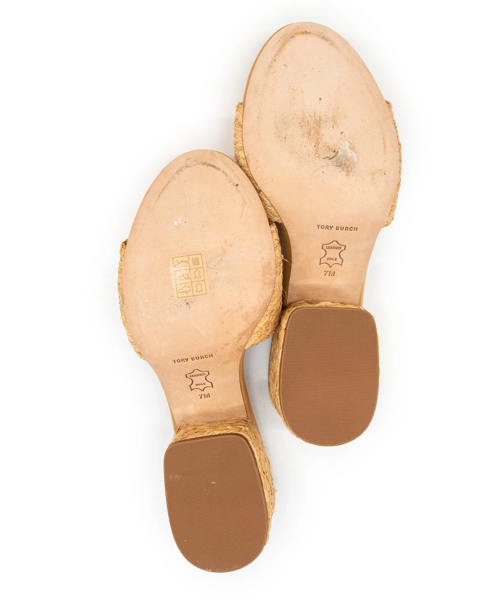 Tory Burch Size 37.5 Everly Raffia Block Sandal Slide