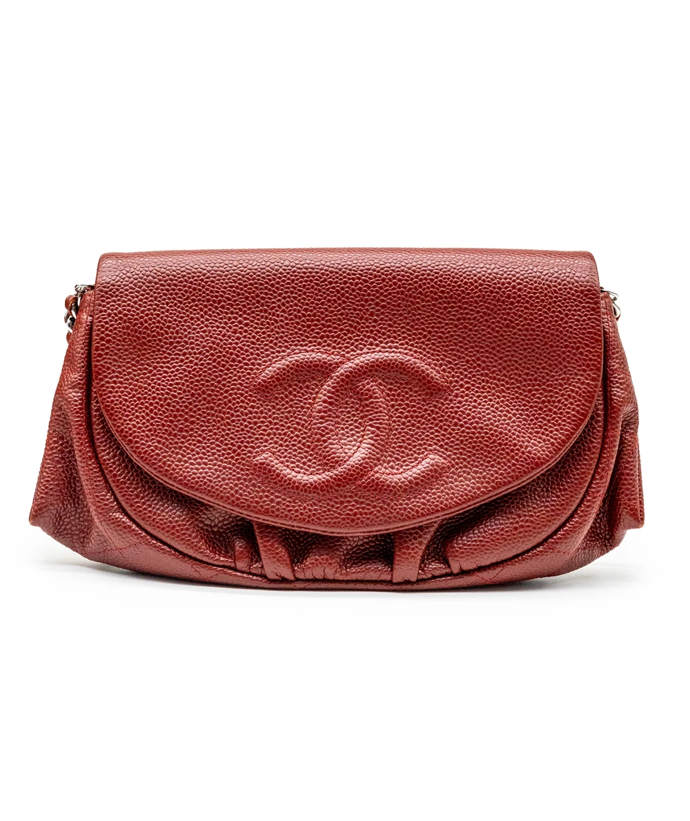 Chanel Red Quilted Caviar Leather Half Moon Wallet On Chain