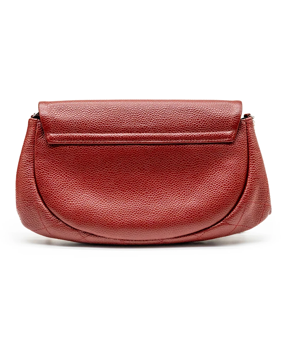 Chanel Red Quilted Caviar Leather Half Moon Wallet On Chain