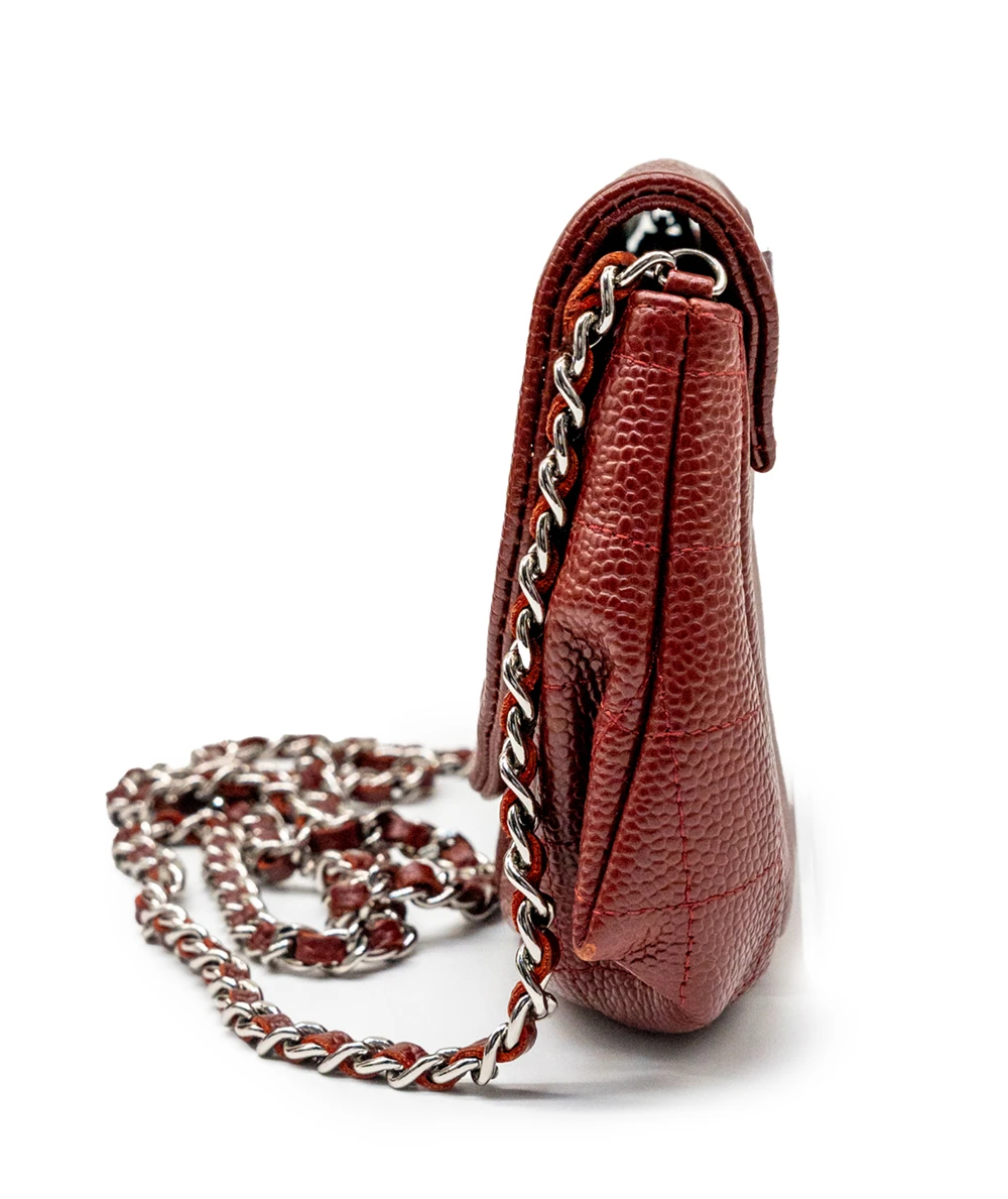 Chanel Red Quilted Caviar Leather Half Moon Wallet On Chain