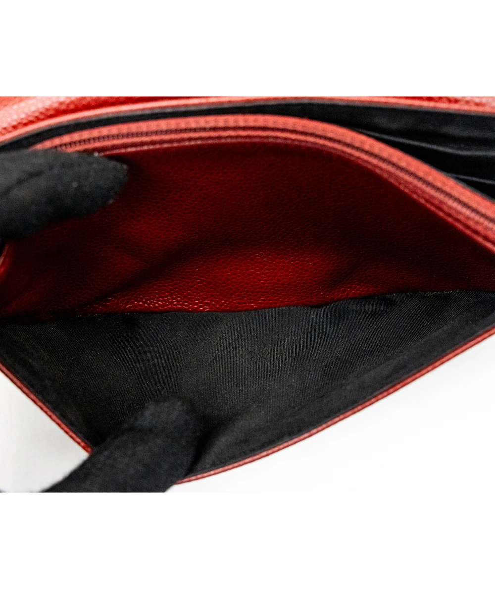 Chanel Red Quilted Caviar Leather Half Moon Wallet On Chain