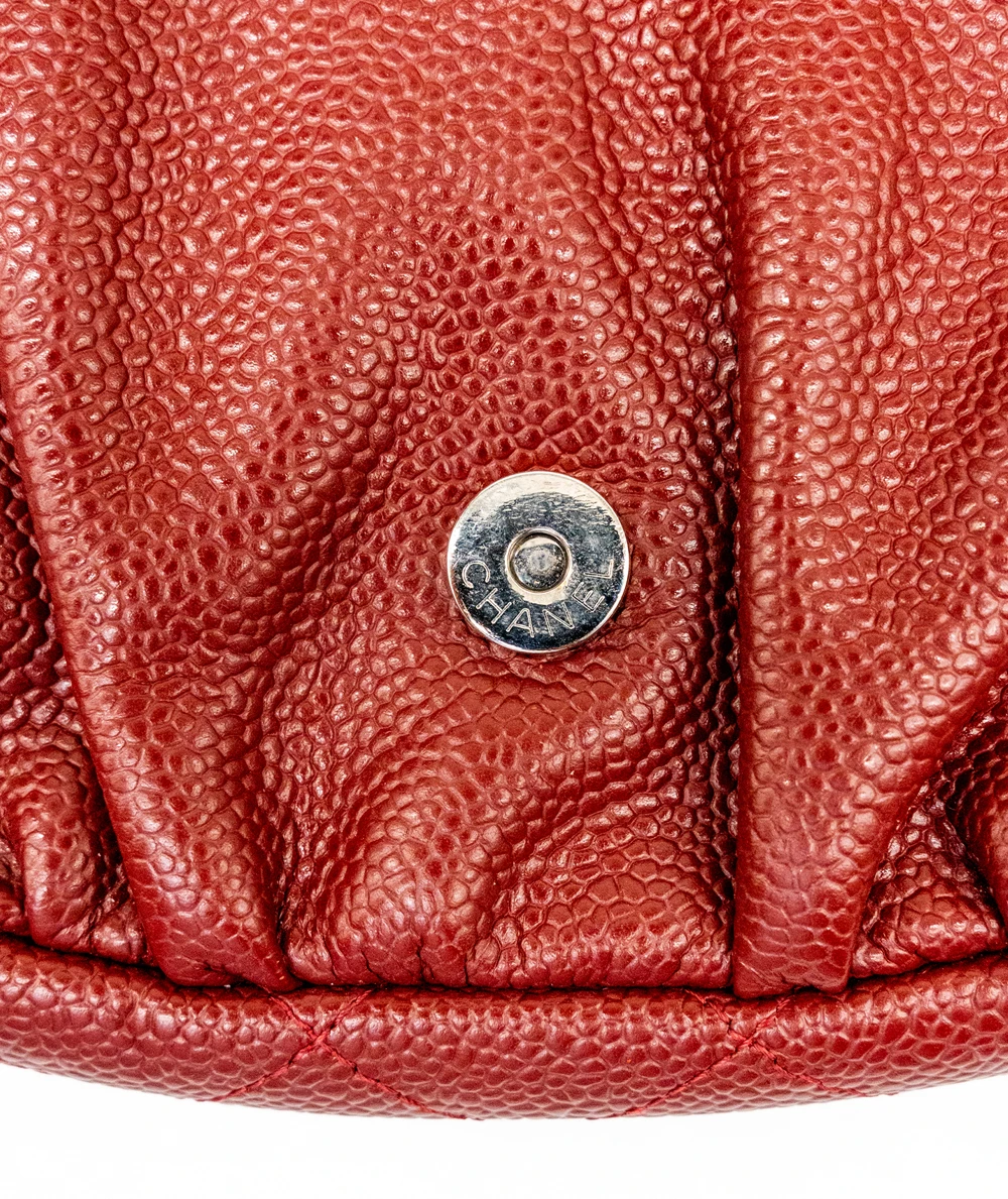 Chanel Red Quilted Caviar Leather Half Moon Wallet On Chain