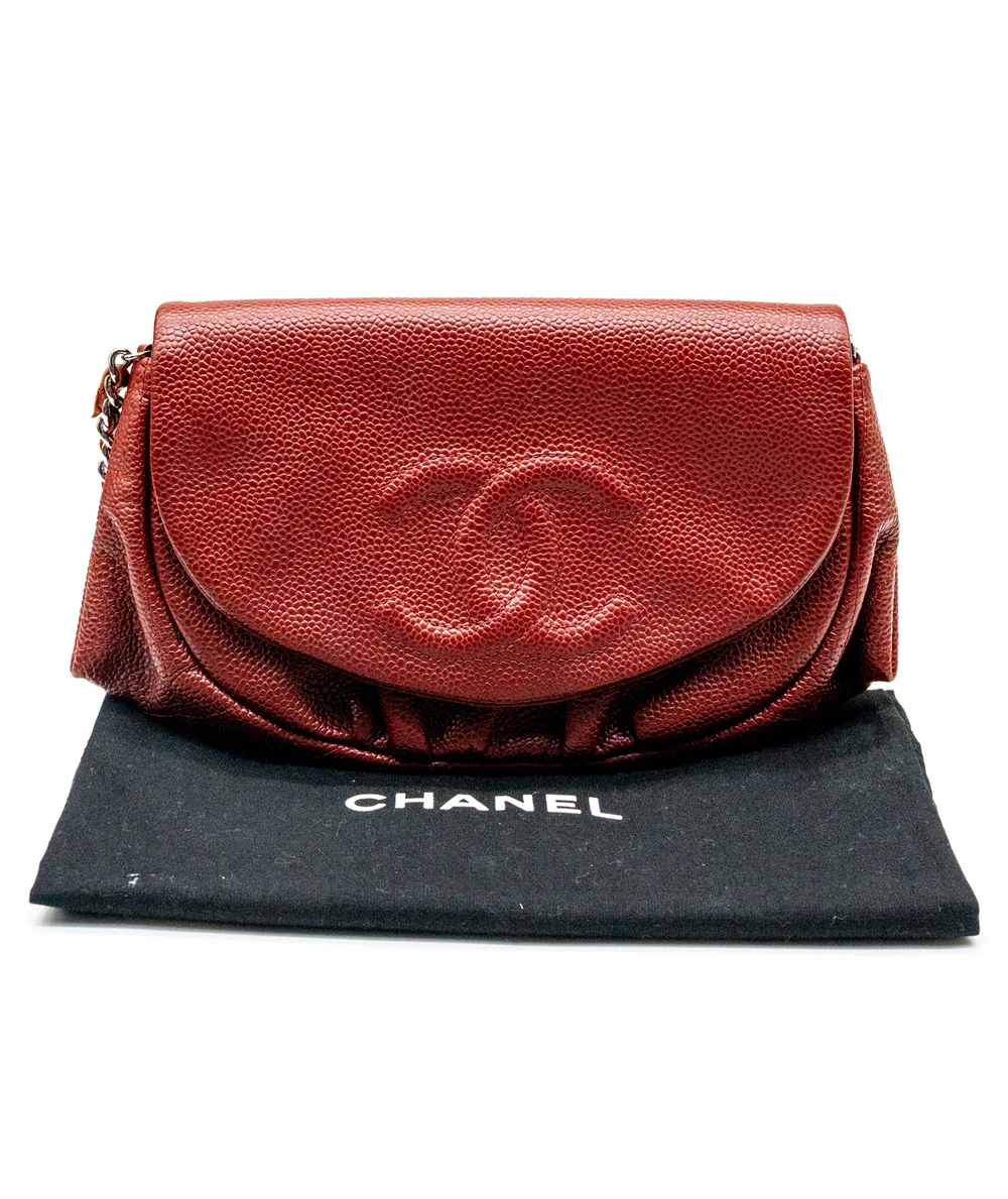Chanel Red Quilted Caviar Leather Half Moon Wallet On Chain