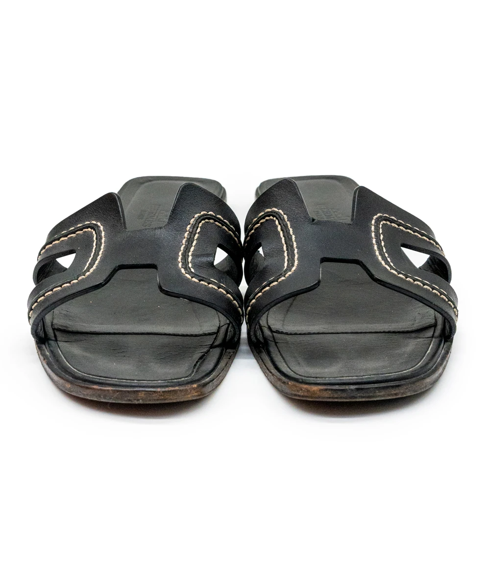 Hermes Size 37 Black Leather Oran Sandals