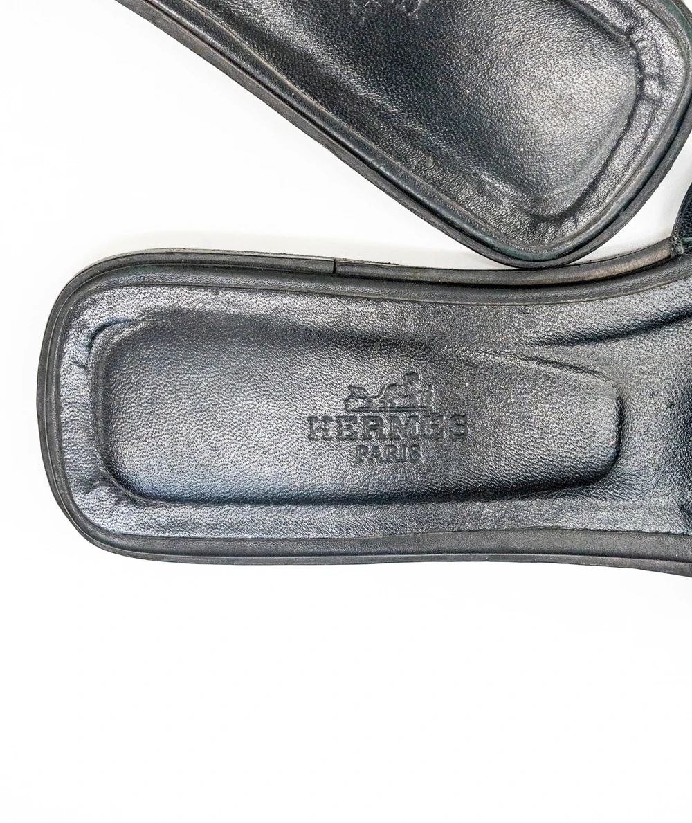Hermes Size 37 Black Leather Oran Sandals