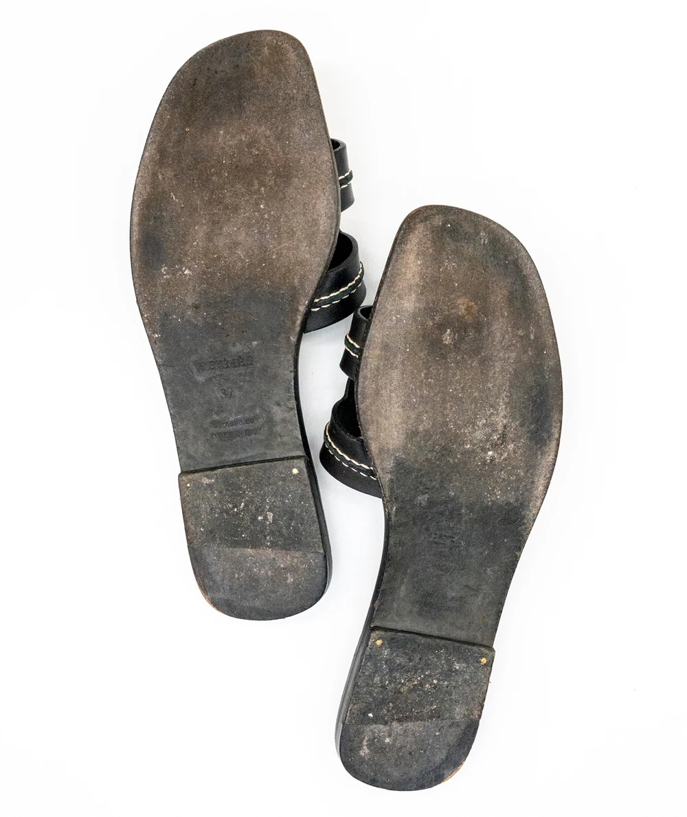 Hermes Size 37 Black Leather Oran Sandals