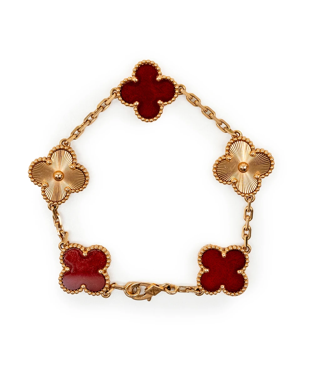 Van Cleef  Arpels Vintage Alhambra Carnelian 18k Pink Gold 5 Motif Station Bracelet