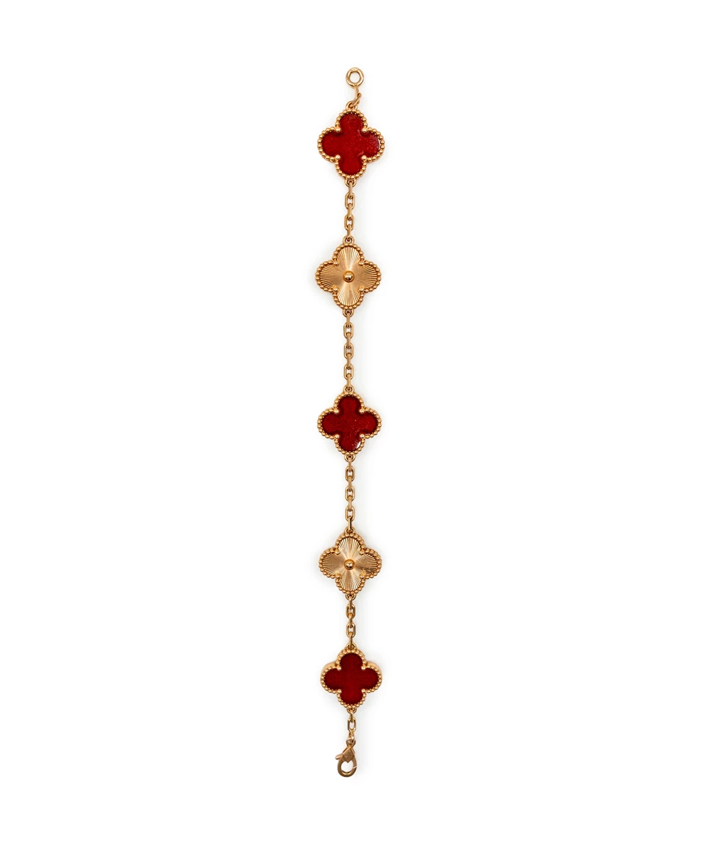 Van Cleef  Arpels Vintage Alhambra Carnelian 18k Pink Gold 5 Motif Station Bracelet