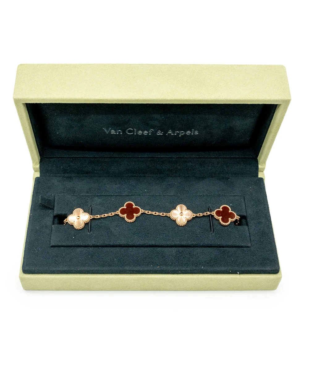 Van Cleef  Arpels Vintage Alhambra Carnelian 18k Pink Gold 5 Motif Station Bracelet