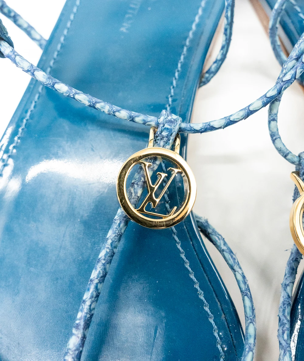 Louis Vuitton Size 37 Blue Snakeskin Leather Sunseeker Ankle Strap Flat Sandals