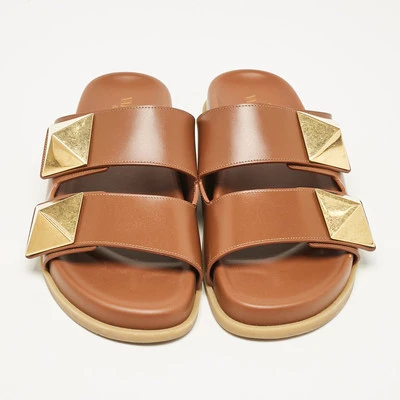 Valentino Brown Leather Roman Stud Slide Sandals Size 38