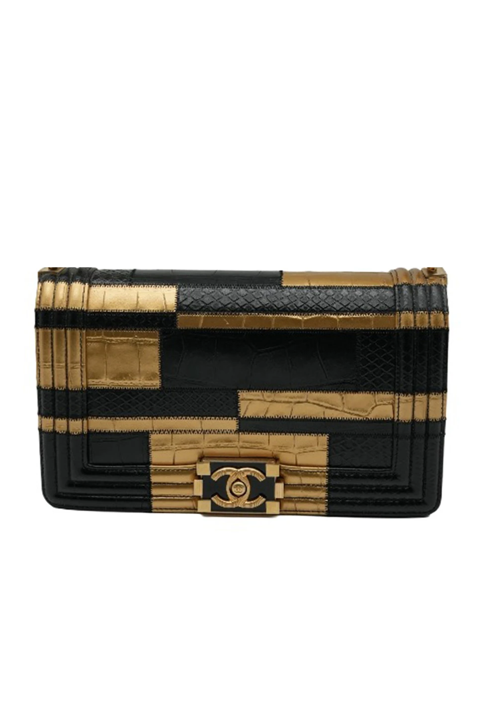 Chanel Boy Chanel Crocodile Python Caifskin Embossed  Chain Shoulder Bag Black/Gold