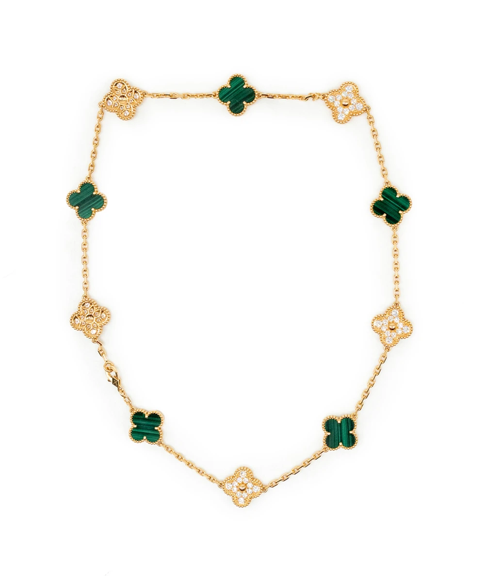 Van Cleef  Arpels Vintage Alhambra 18k Yellow Gold 10 Motifs Necklace with Diamonds and Malachite