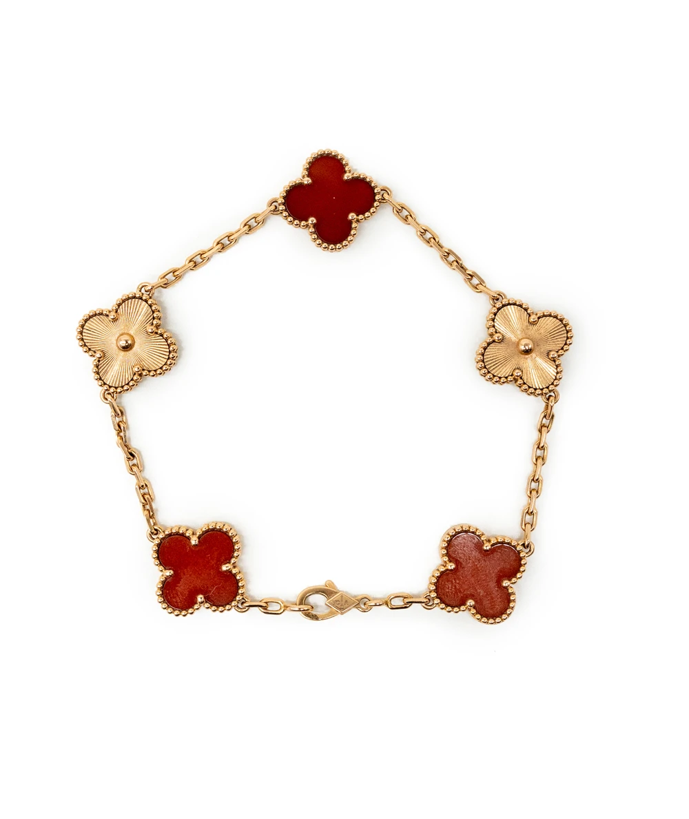 Van Cleef  Arpels Vintage Alhambra Carnelian 18K Pink Gold 5 Motif Station Bracelet