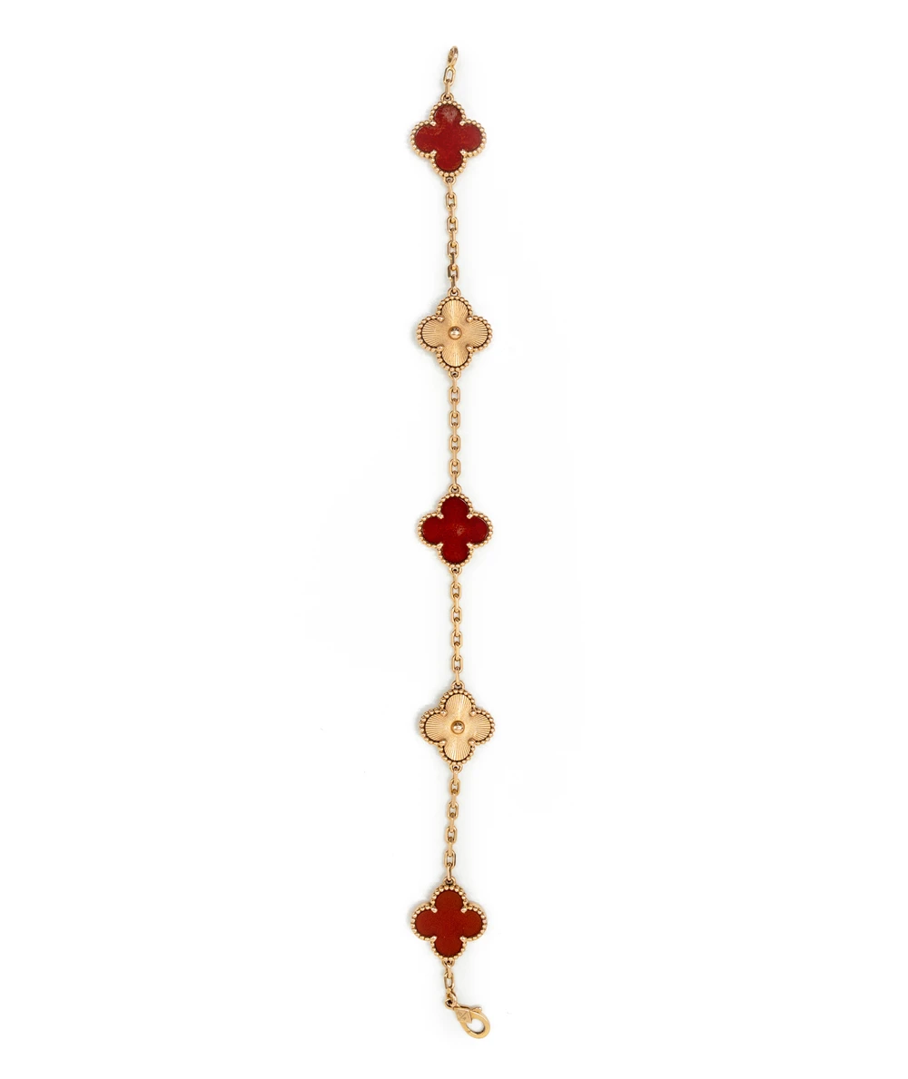 Van Cleef  Arpels Vintage Alhambra Carnelian 18K Pink Gold 5 Motif Station Bracelet