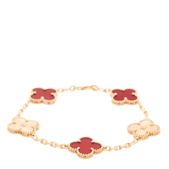 Van Cleef  Arpels Vintage Alhambra Carnelian 18K Pink Gold 5 Motif Station Bracelet