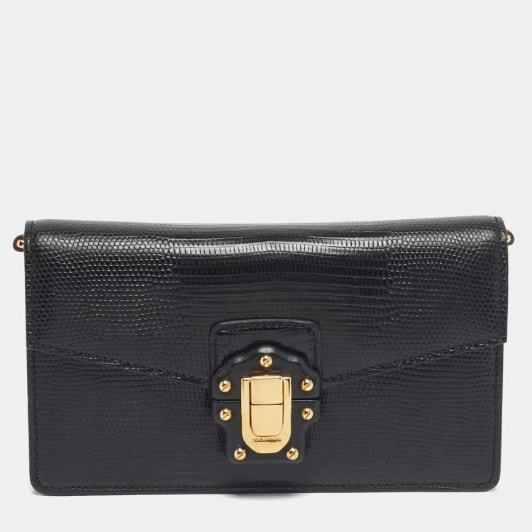 Dolce  Gabbana Black Lizard Embossed Leather Lucia Wallet On Chain