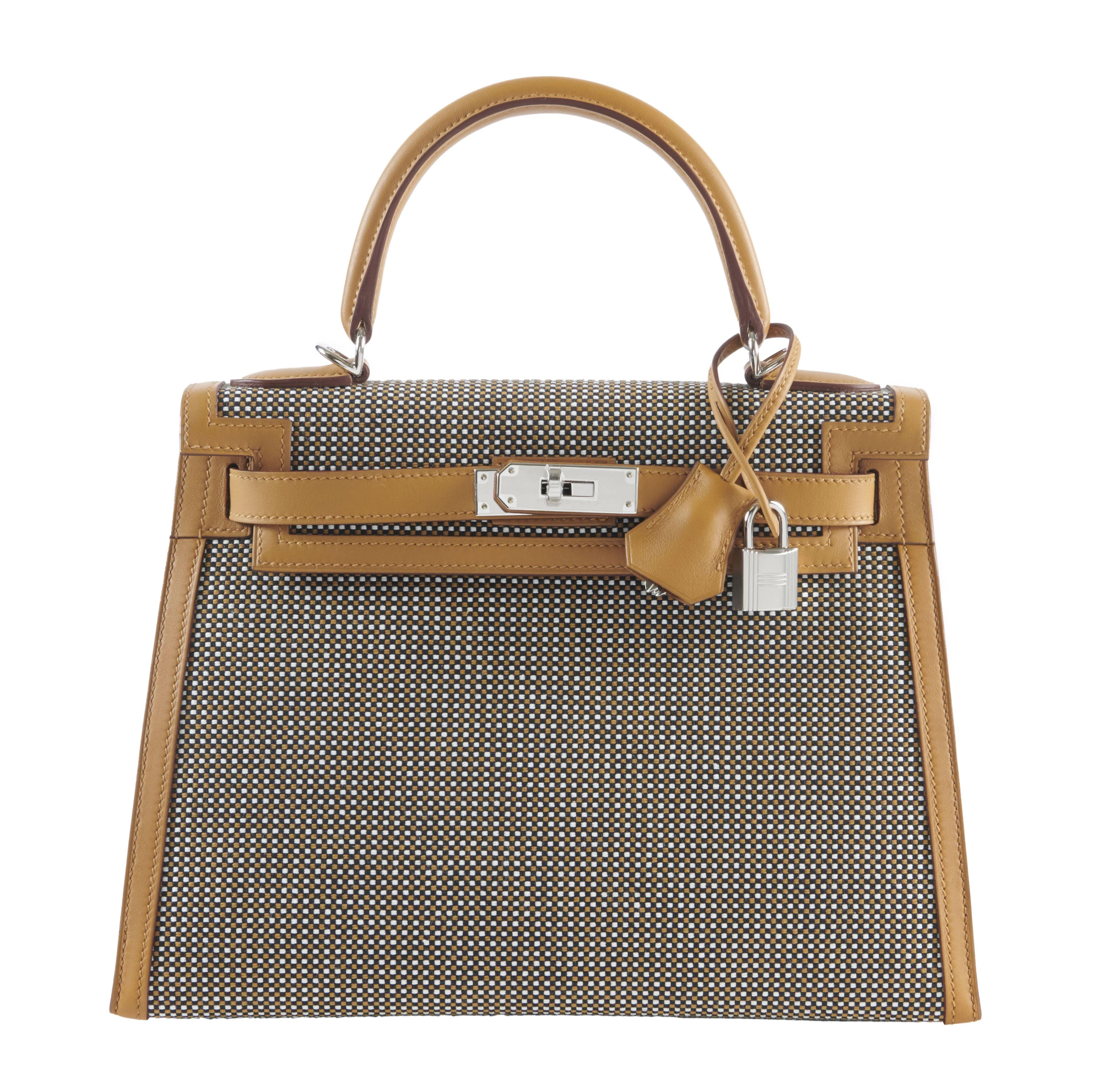 Hermes Kelly 28 Sellier Bag Toile Quadrille Semame Swift Leather DB/ST/SC
