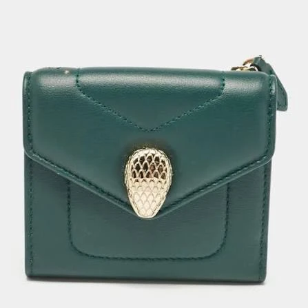 BVLGARI Serpenti Forever Compact Wallet in Emerald Green Calf Leather BO