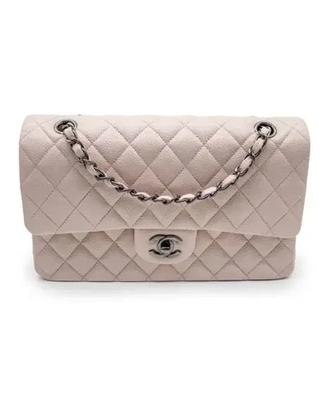 Chanel Size 25 Classic Medium Flap Nude Caviar Leather Bag with Ruthenium Hardware