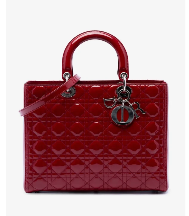 Dior Lady Dior Glossy Red Patent Leather Large Handle Bag