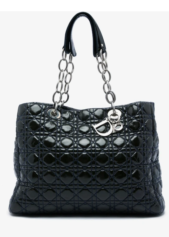 Dior Lady Dior Black Patent Leather Soft Shopping Tote Shoulder Bag