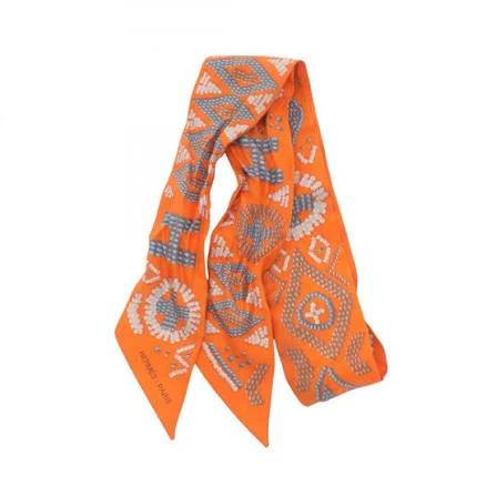 Hermes Kelly En Perles Silk Twilly Orange Scarf