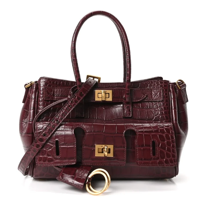 Balenciaga Mini Bel Air Tote Bag in Crocodile Dark burgundy Calfskin