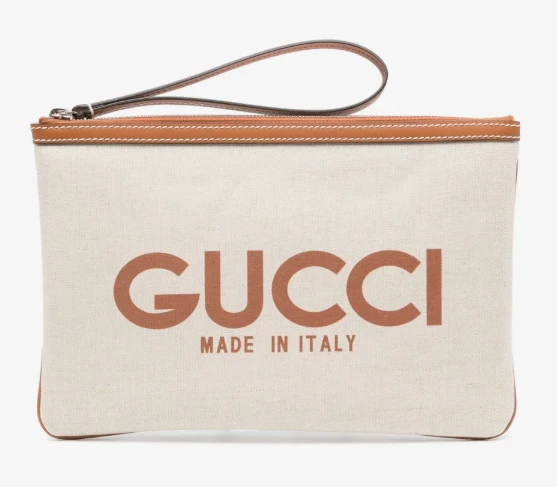 Gucci Off White Leather Logo Print Zip Pouch