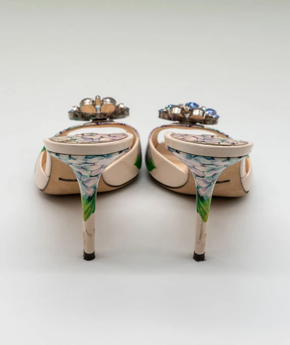 Dolce  Gabbana Size 38 Multicolor Patent Crystal Embellished Flower Slide Sandals