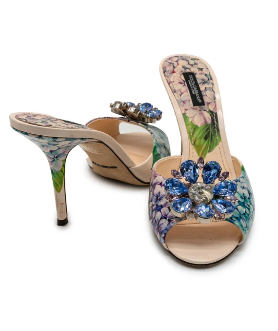 Dolce  Gabbana Size 38 Multicolor Patent Crystal Embellished Flower Slide Sandals