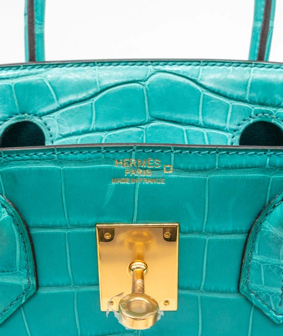 Hermes 2016 Birkin (Stamp X) Size 30 Crocodile Leather handbag in Blue Paon Color with Gold Hardware
