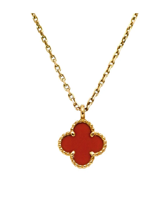 Van Cleef  Arpels Sweet Alhambra Mini Necklace with Orange Stone Pendant in 18k Yellow Gold