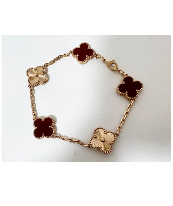 Van Cleef  Arpels Vintage Alhambra Carnelian Guilloche 5 Motifs 18k Rose Gold Bracelet