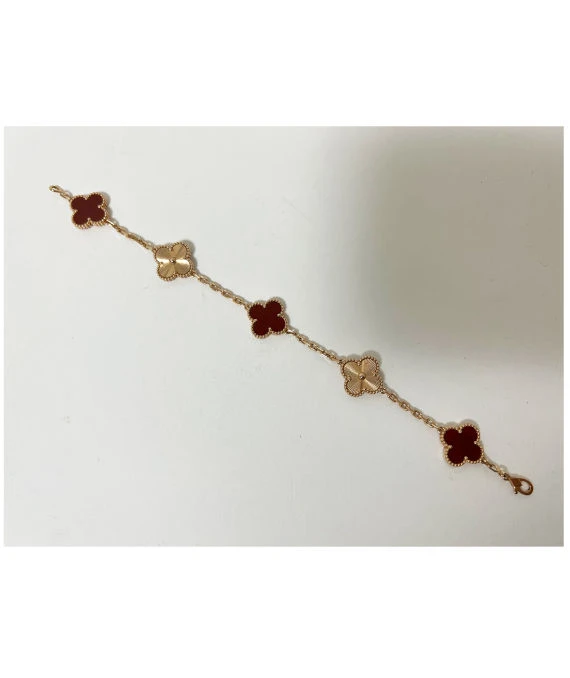 Van Cleef  Arpels Vintage Alhambra Carnelian Guilloche 5 Motifs 18k Rose Gold Bracelet