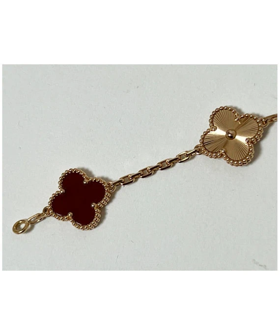 Van Cleef  Arpels Vintage Alhambra Carnelian Guilloche 5 Motifs 18k Rose Gold Bracelet
