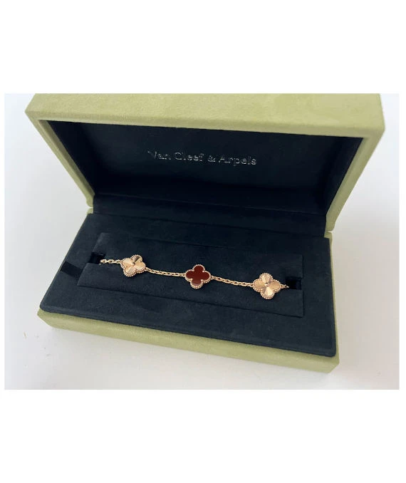 Van Cleef  Arpels Vintage Alhambra Carnelian Guilloche 5 Motifs 18k Rose Gold Bracelet