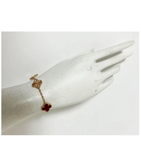 Van Cleef  Arpels Vintage Alhambra Carnelian Guilloche 5 Motifs 18k Rose Gold Bracelet