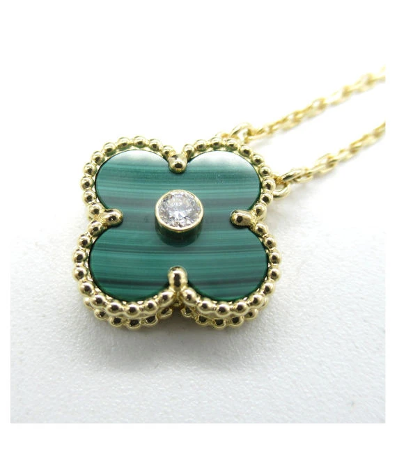 Van Cleef  Arpels Vintage Alhambra Malachite Diamond 18k Yellow Gold Necklace